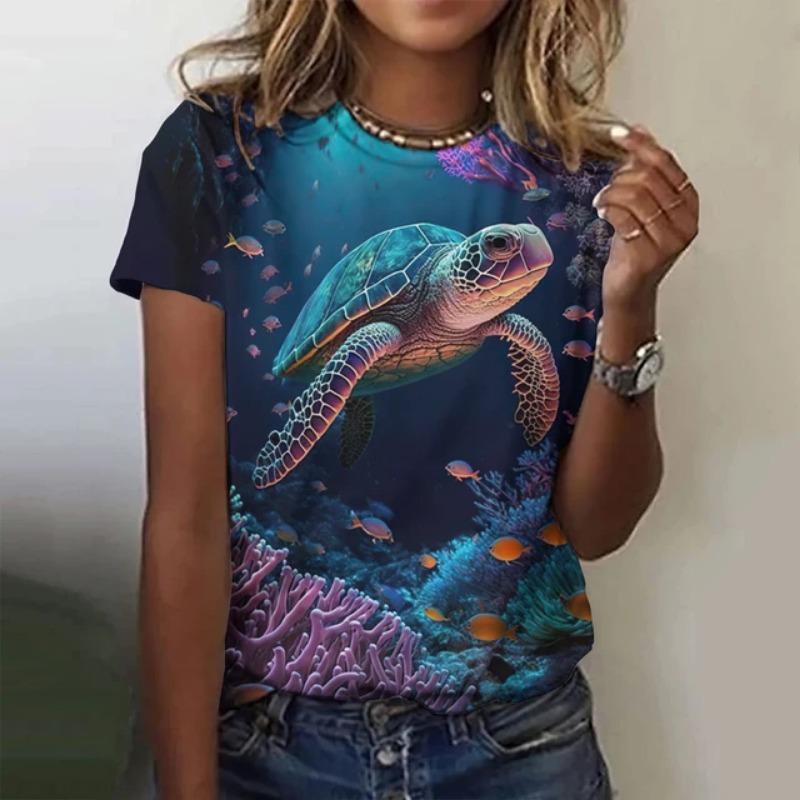Fashion Turtle 3D Printed Summer T-shirt for Women's Outdoor Clothing Harajuku Casual Short Sleeved T-shirt for Women Round Neck T-shirt Top