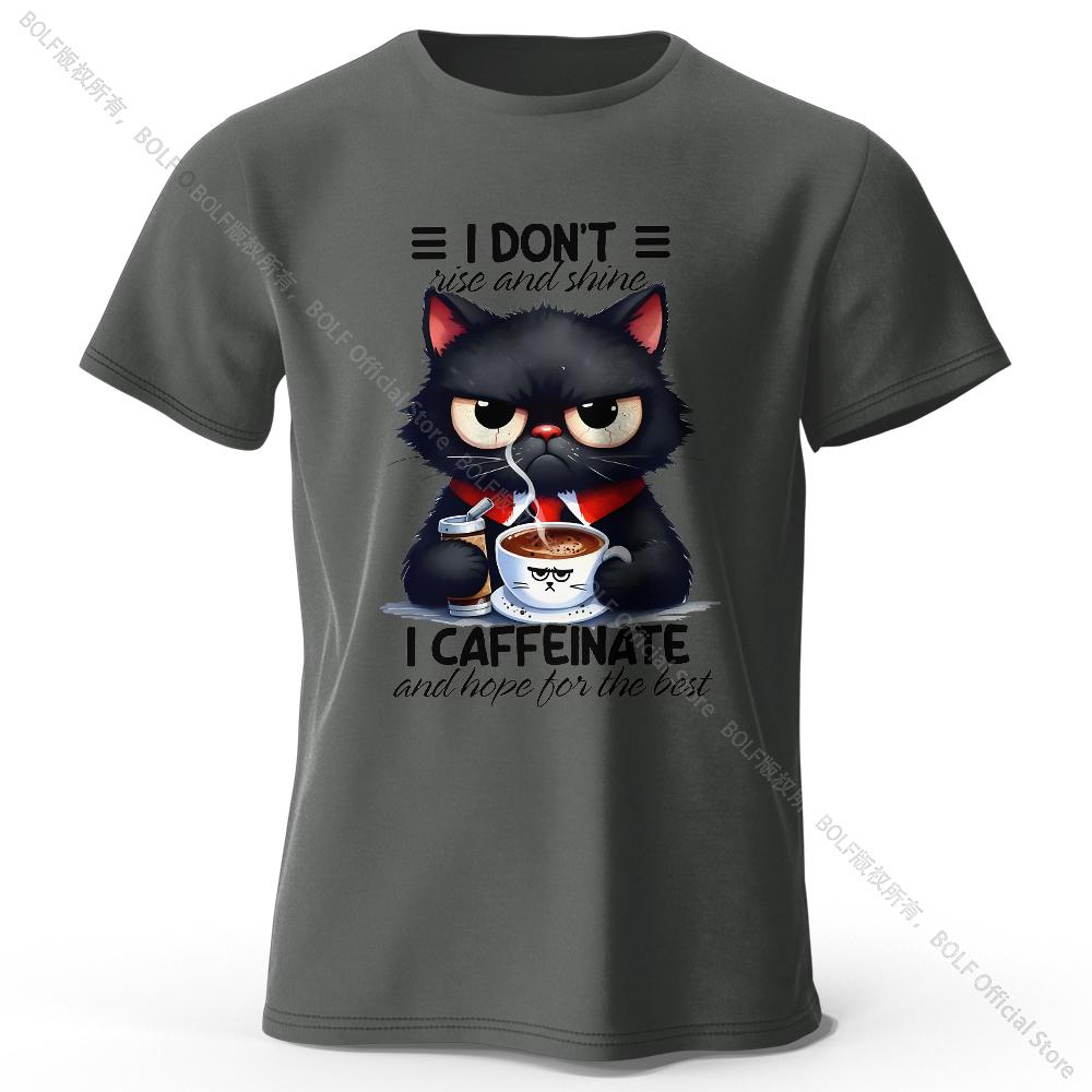 Coffee Loving Cat Print 100% Cotton T-Shirt, Soft & Breathable Round Neck Short Sleeve Tee, Unisex Fun & Quirky Style