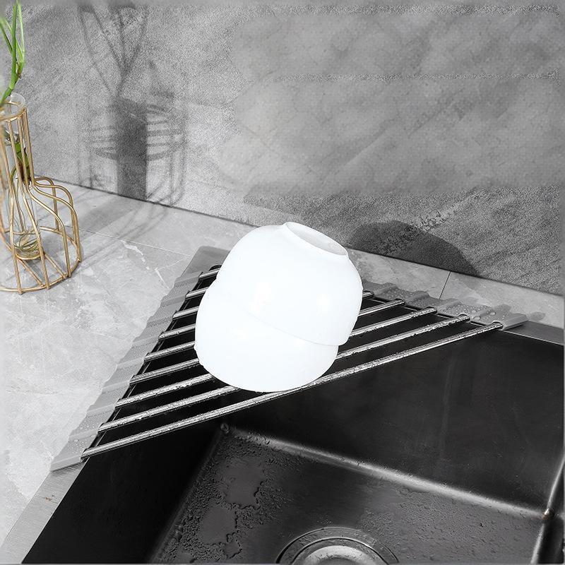 Roll Up Triangle Dish Drying Rack Kitchen Sink Organizer Corner Over The Sink Sponge Rag Holder Foldable Stainless Steel Drainer