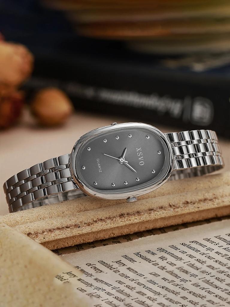 Fashionable Simple and Elegant Oval Rhinestone Scale Women's Quartz Watch Set of 5 Bracelets, Suitable for Thanksgiving Christma