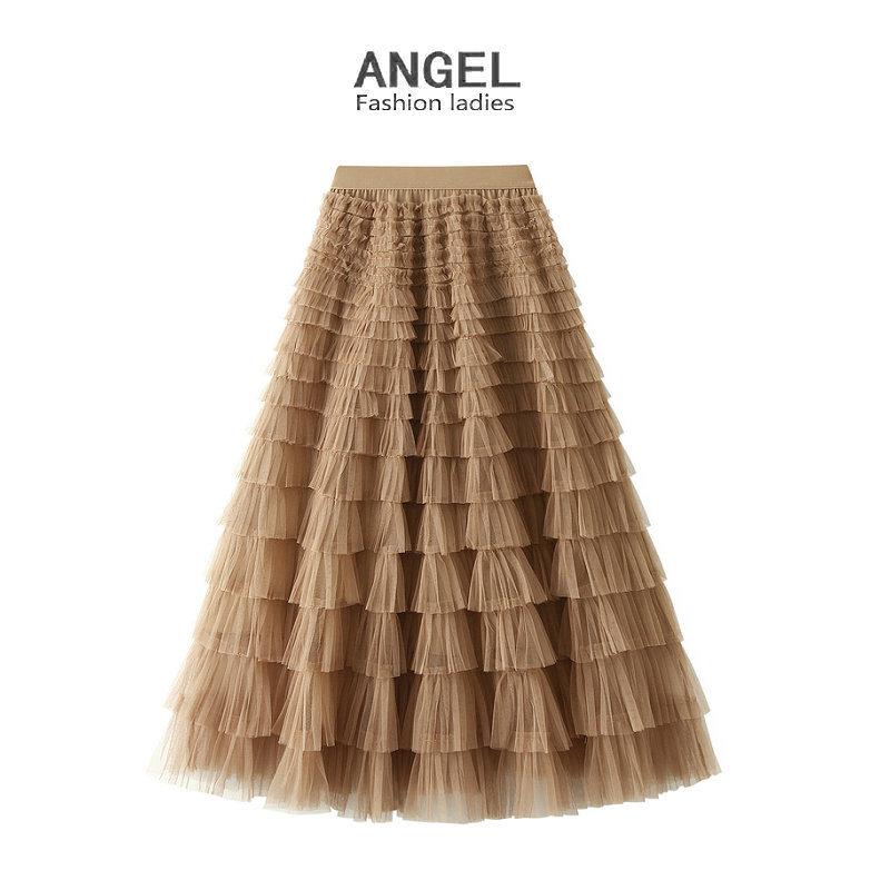 Women's Spring/Autumn 2024 Mesh Ruffle Midi Skirt, Socialite Long Slimming Cake Skirt 2210