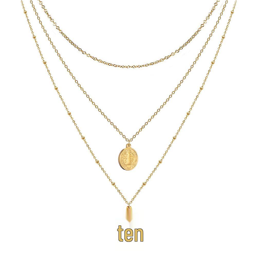 Stainless Steel Religious Cross Pendant Multi-Layer Necklace with Beads