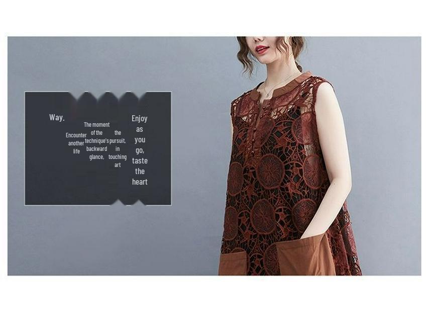 Retro Embroidered Lace Sleeveless Vest Dress Set - Plus Size, Hollow-Out, Two-Piece, Summer Loose Fit.