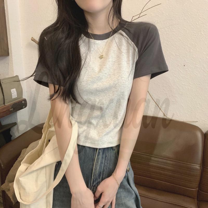 Koreanischer Stil Color Block Raglanärmel Baumwolle Schlankmachendes T-Shirt