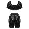 Womens Waterproof Vinyl Ruffled Pajamas Set Short Puff Sleeve Crop Top Bloomers Shorts