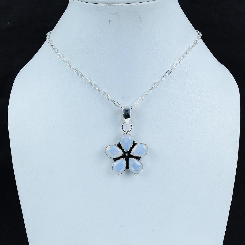 Dainty Milky Opal Gemstone Silver Pendant In 925 Sterling Silver - Handmade Flower Design, Everyday Wear Jewelry Birthday Gift