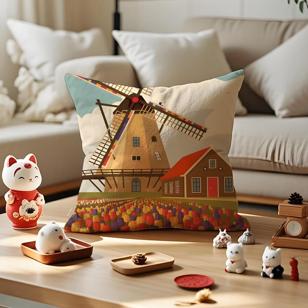 Dutch Windmills & Tulips Cushion Cover Anti-dustmite Pillowcase Invisible Zipper Silky Short Plush Sofa Cushion Cover