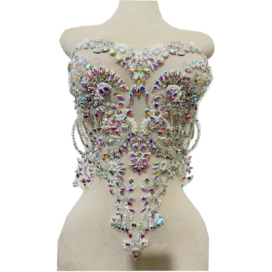 Handmade red/Blue/Gold/Green Rhinestones Lace Bodice Applique Sewing Beads Crystal Trim Patches Accessory for Dress Clothes (Light Champagne)