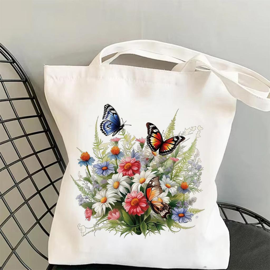 Frühlingshafter Blumen-Gras-Druck Canvas Tragetasche Trendige Funktionelle Tasche Ideal für Pendeln, Einkaufen und Tragen täglicher Notwendigkeiten
