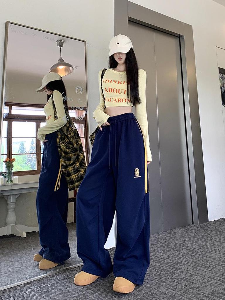 Women's Navy Three-Stripe Wide-Leg Track Pants - Spring/Autumn Casual Loose Fit