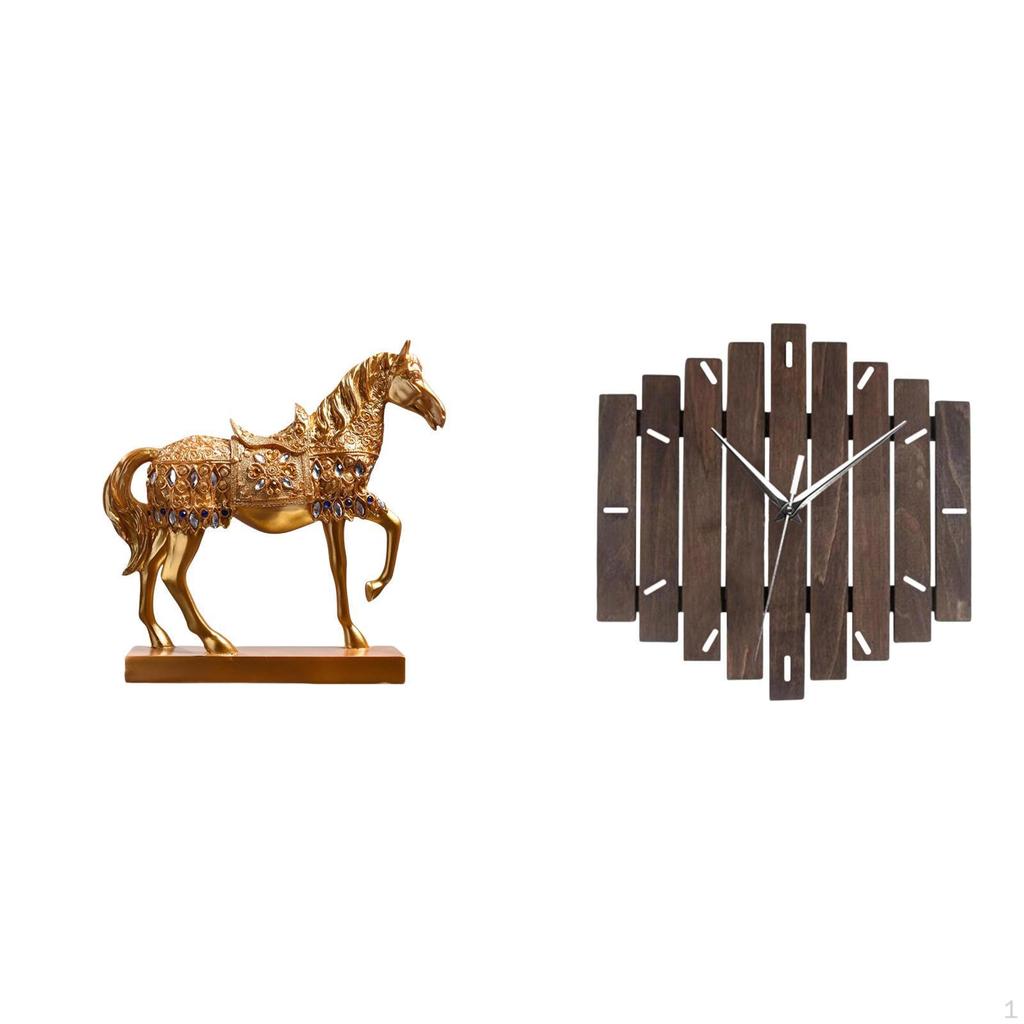 Horse Figurine Animal Sculpture Resin Engraved Statue for Home Office Decor Wooden Wall Clock