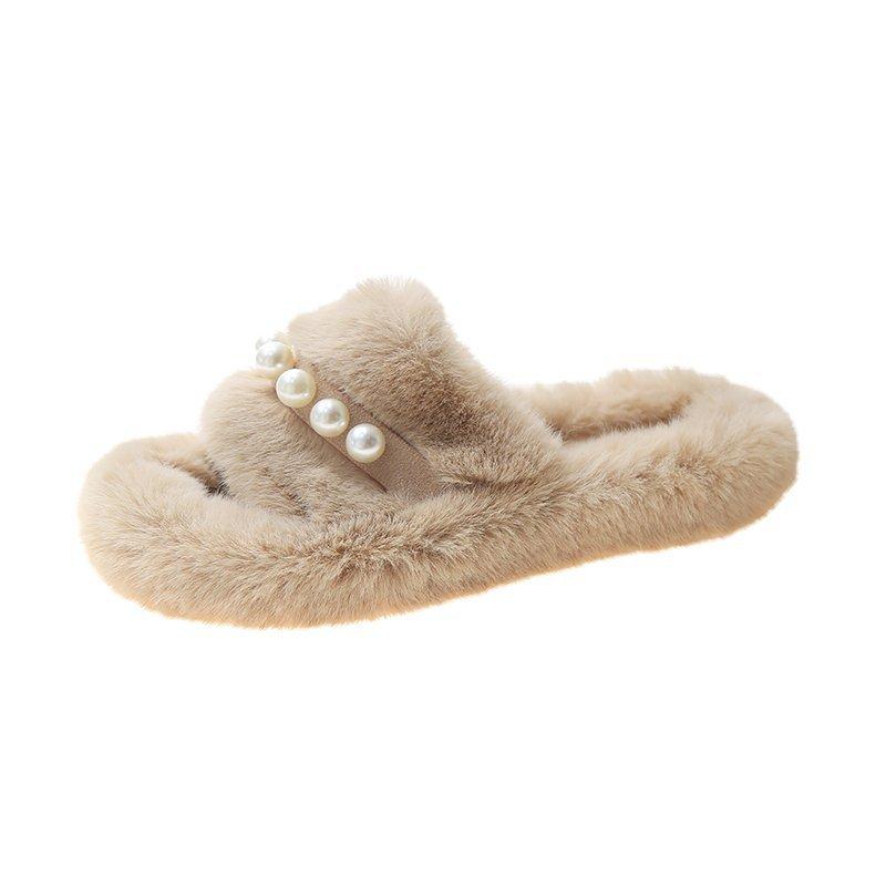 

Pearl fluffy slippers women s 2025 autumn and winter new fashion outer wear thick-bottomed Korean version of household summer cotton slippers 40 хаки