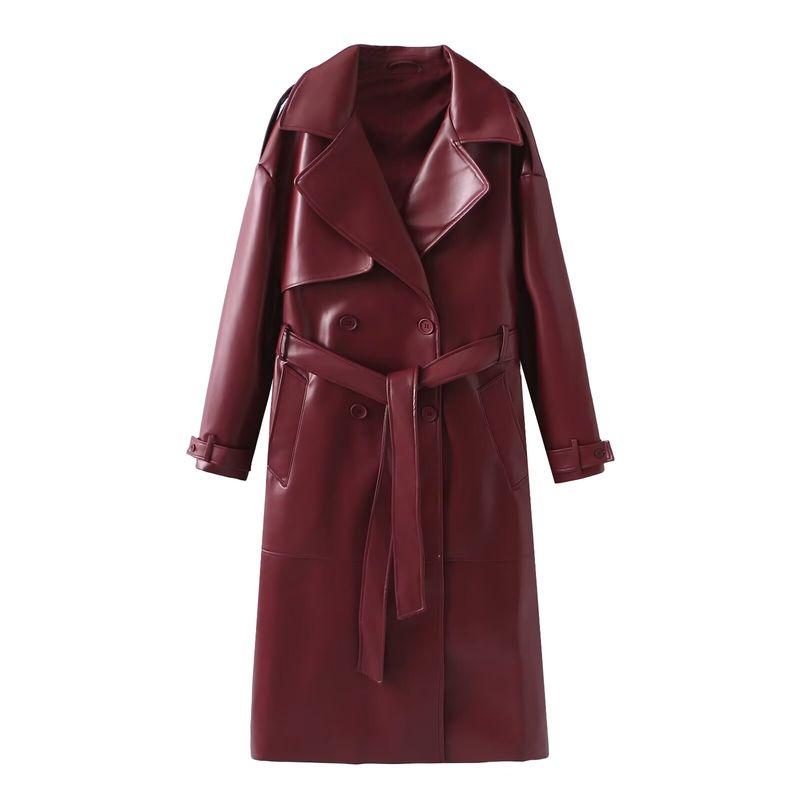 

Kaslead New Arrival Women s Clothing Fashion Style Fashion Minimalist Pure Color Elegant Slimming Leather Wind Coat Outwear Red M