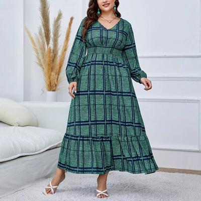 Plus Size Women's Autumn Loose Vintage High Waisted Printed Stripe Temperament Commuter Literary Dress