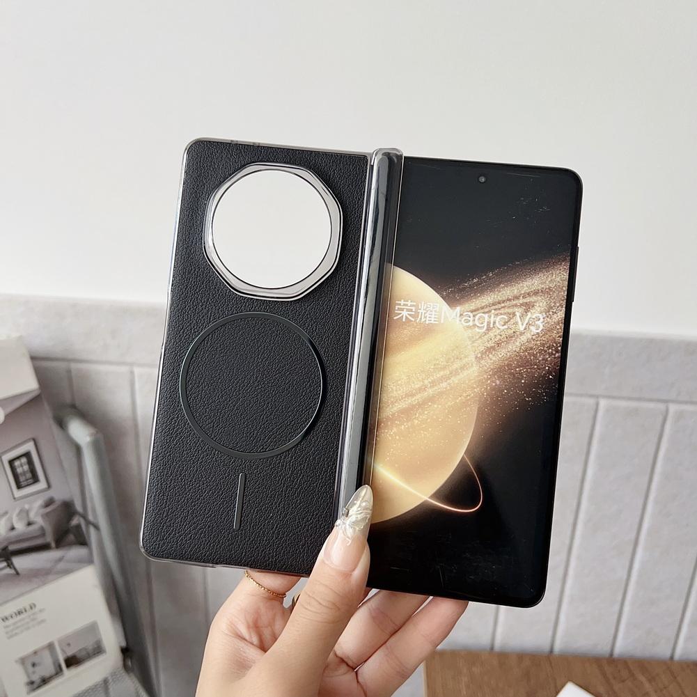 Funda de Teléfono con Bisagra de Auto-retorno de Cuero Granulado y Anillo Magnético Delgado Para Honor Magic V 3 magic v3 Cubierta Protectora de Cámara