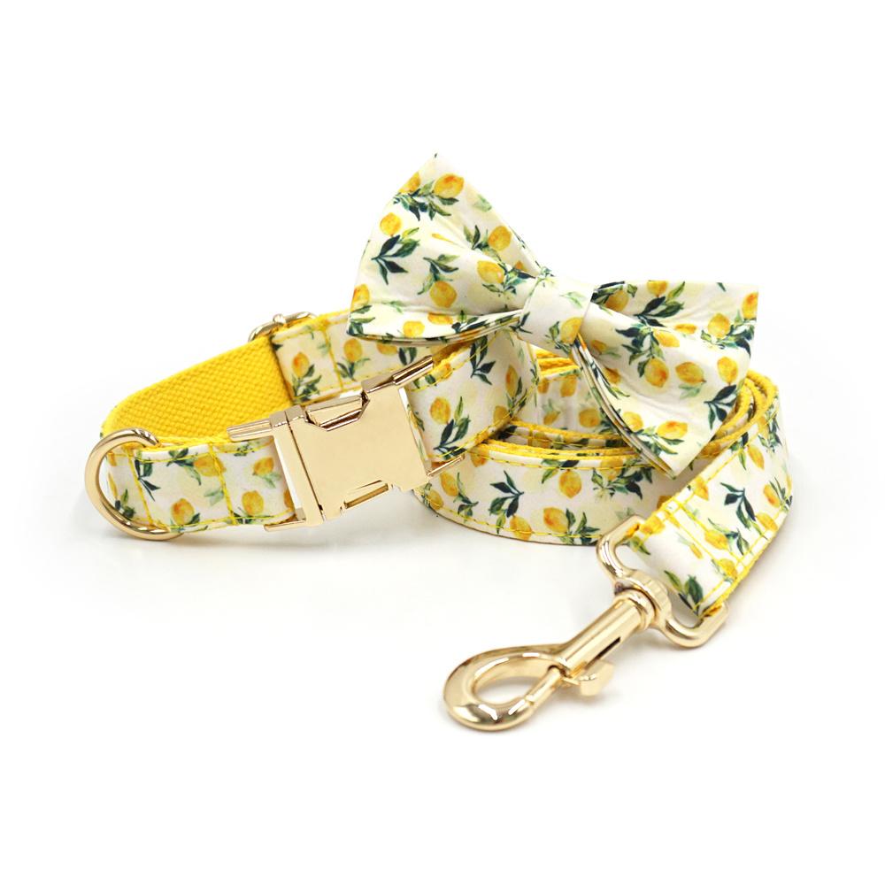 Pet Collar For Cats Small Medium Large Dogs Lemon Printing Luxury Designer Bow Dog Collar & Leash Set With Poop Bag