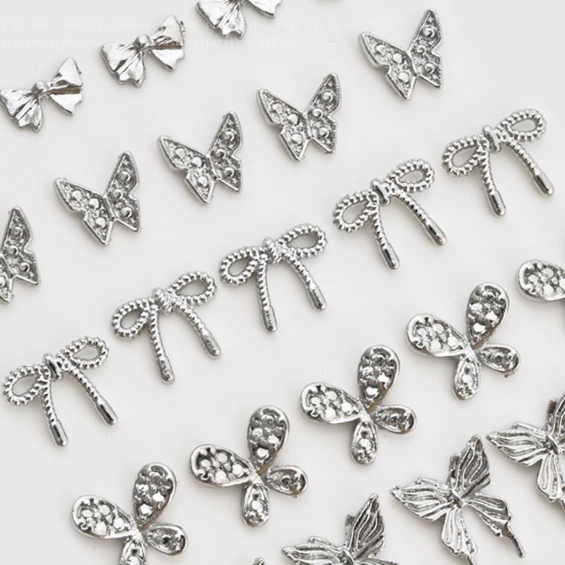 10 Pcs/Set 3D Bows Nails Charms Sparkling Butterfly Nails Charms Alloy Manicure Supplies Nails Art Decorations for Women