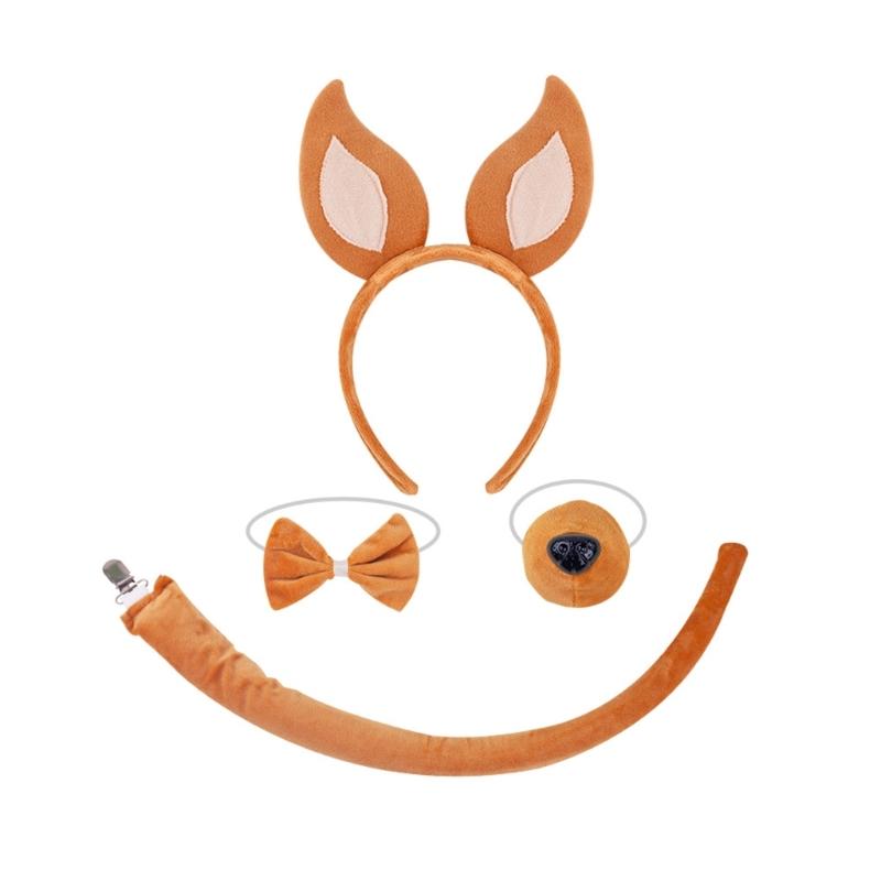 Dogs Hair Hoop Set Foxes Ears Headband Plush Tail Bowtie False Nose Animals Costume Set for Halloween Cosplay Party