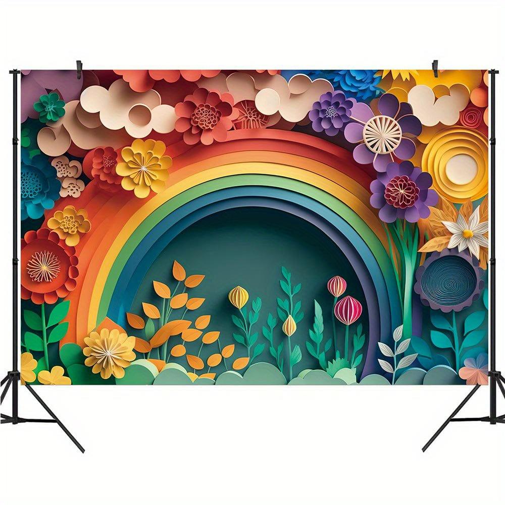 Rainbow 3D Floral Photography Background, Home Interior Wall Decoration Banner, Cake Smashing Birthday Party Supplies