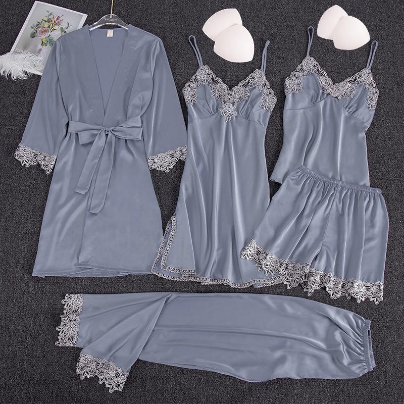 Yao Ting Satin Chiffon Five-Piece Pajama Set: Ice Silk, Casual, Sexy, with Chest Pads for Spring/Summer