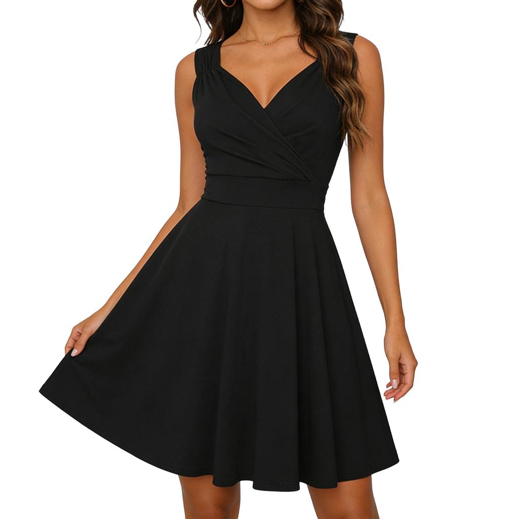 Ärmelloses V-Ausschnitt Fit-and-Flare-Kleid für Damen Elegantes A-Linien-Knielanges Cocktailparty-Kleid mit gefaltetem Oberteil