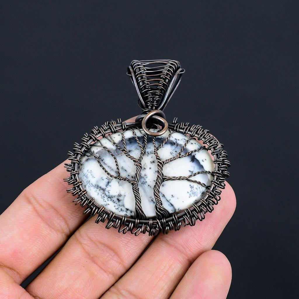 Tree Of Life Dendrite Opal Gemstone Handmade Copper Wire Wrap Pendant Jewelry For Sister