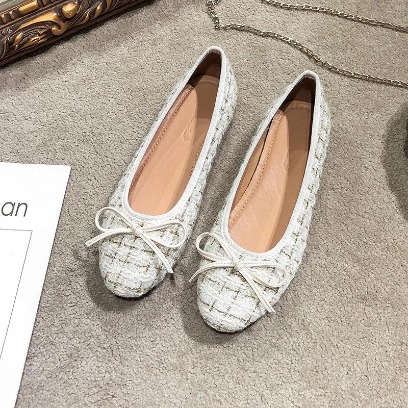 Women Sweet Bowknot Ballet Flats Shoes Lady Luxury Tweed Pumps Comfortable Round Toe Slip-on Scoop Shoes Soft Sole Casual Shoes