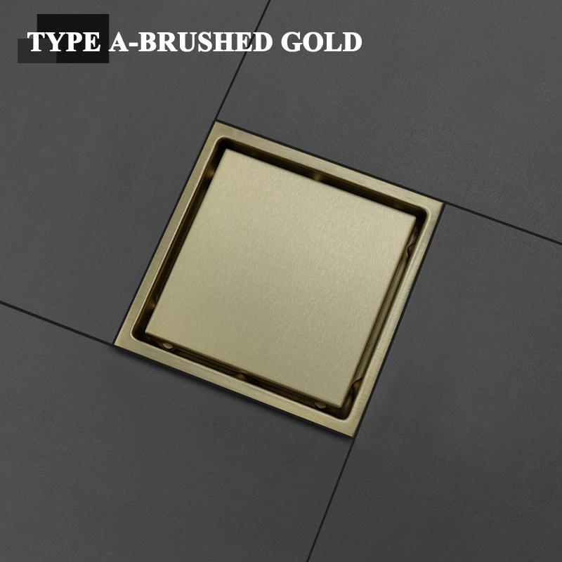 Black SUS304 Stainless Steel Shower Drain Bathroom Floor Drain Tile Insert Square Anti-odor Floor Waste Grates 15CM Brushed Gold