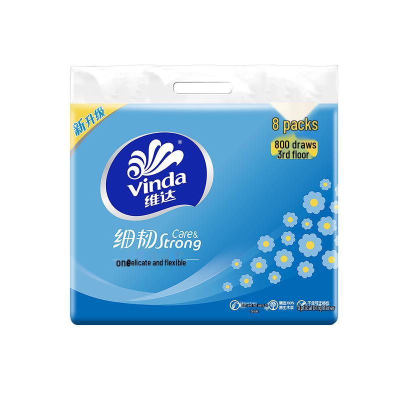 Vinda Fine & Tough 3-Ply Facial Tissues, Unscented, 8-Pack Bundle, 100 Sheets/Pack, V2619 Portable Napkins