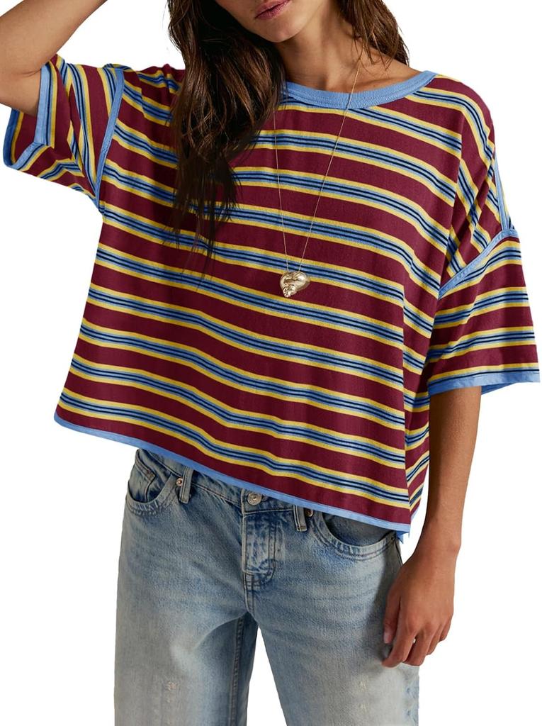 Womens Oversized Striped T Shirt Summer Short Sleeve Boxy Drop Shoulder Cropped Tee