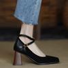 New Heels Women's New Scrub Leather Paneled Vintage Square Toe Block Heel Cross Buckle Mary Jane Single
