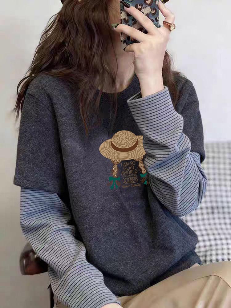 Women's Striped Long-Sleeve Velvet Layered T-Shirt - Versatile Base Layer for Spring, Autumn, Winter