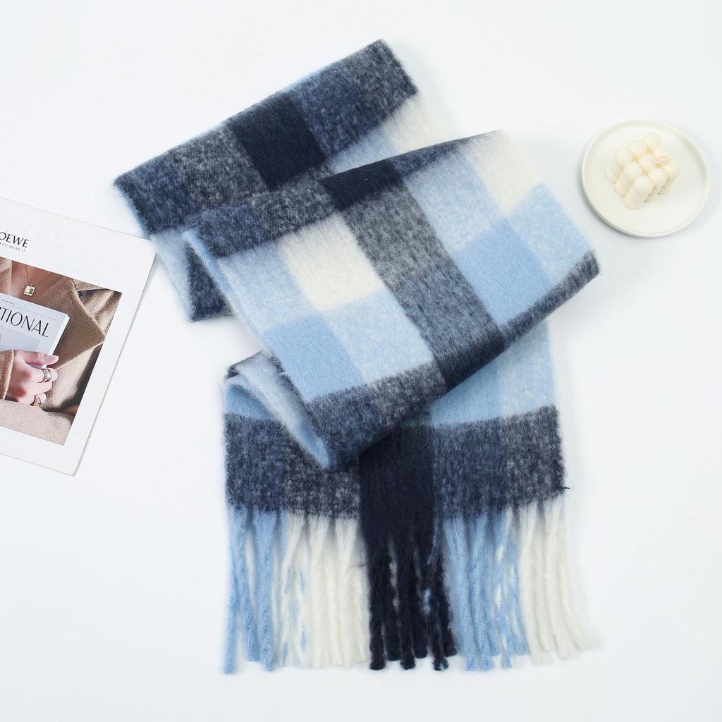 Rainbow Mohair Plaid Scarf - Thick, Chunky, Warm Winter Tassel Neck Warmer in Four Colors