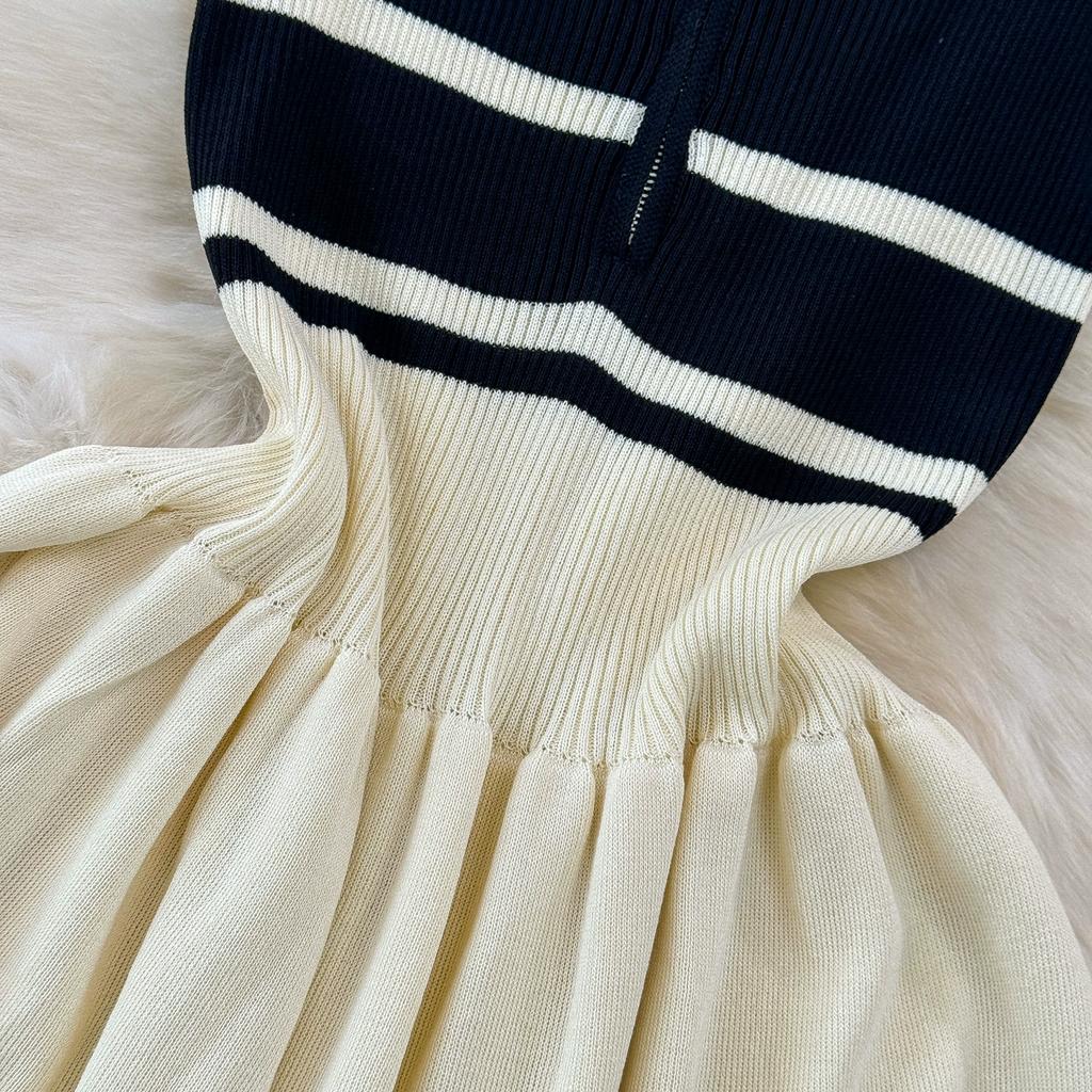 Summer Women Sleeveless Tank Knitted Striped Sweater Zipper Pullover Dresses