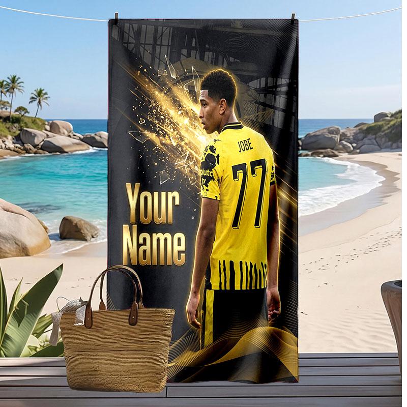 Asciugamano da Spiaggia Personalizzato Stampato Jude Bellingham Logo Calcio Supporto Nome Personalizzato Testo Asciugamano Assorbente Per Sport Viaggio Regalo Speciale