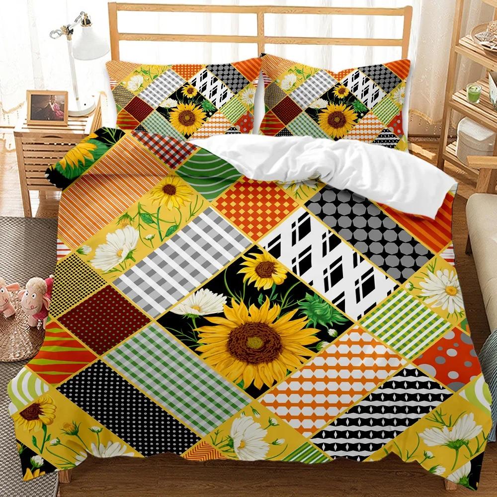Sunflower Duvet Cover Set Yellow Flower Bedding Set Sunflower Botanical Floral Garden Bloom Print on Black Polyester Quilt Cover