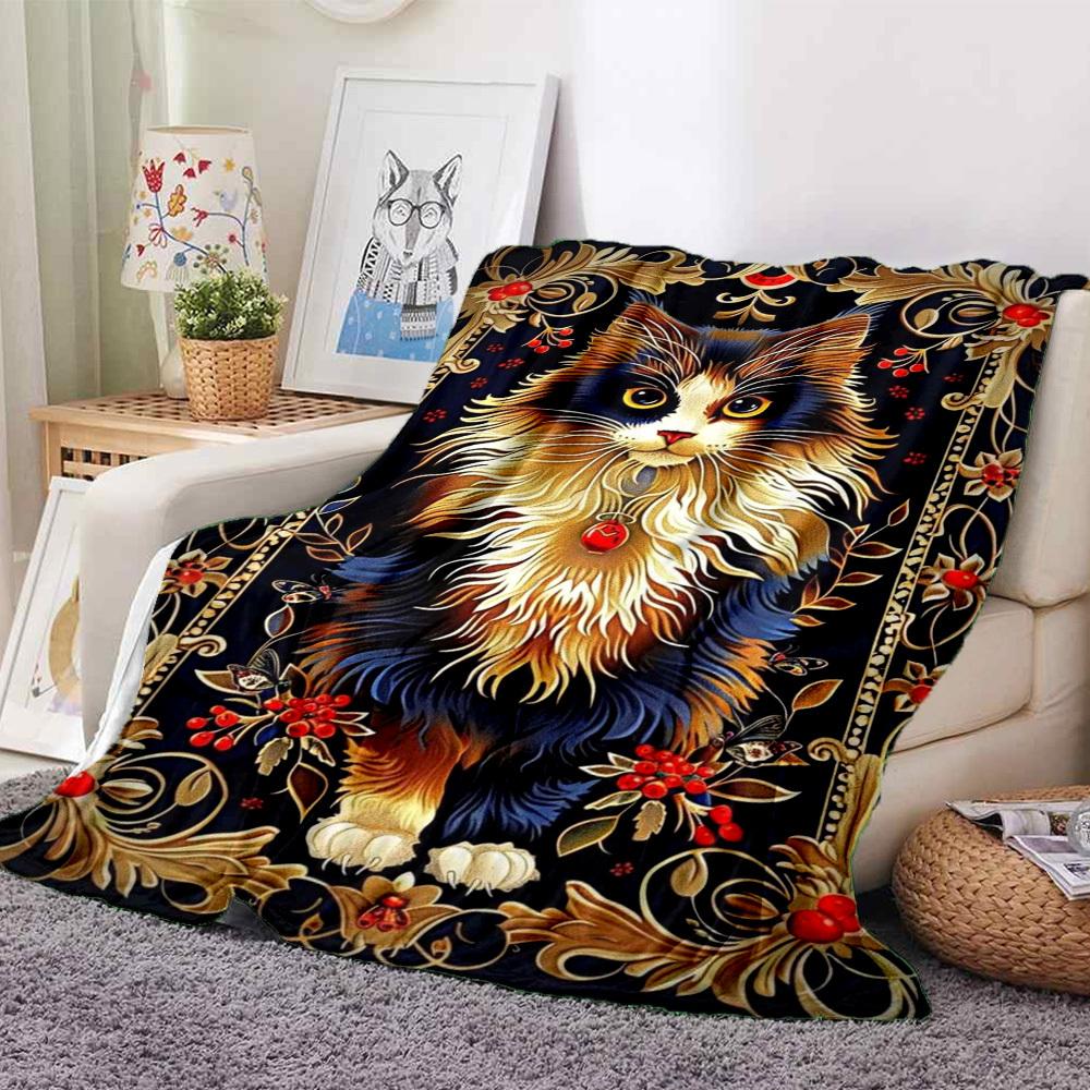 1pc Elegant Cat Tapestry Blanket Lightweight Flannel Blanket Throw Blanket For Sofa, Bed, Travel, Camping, Livingroom, Couch, Chair, And Bed Yy2509026