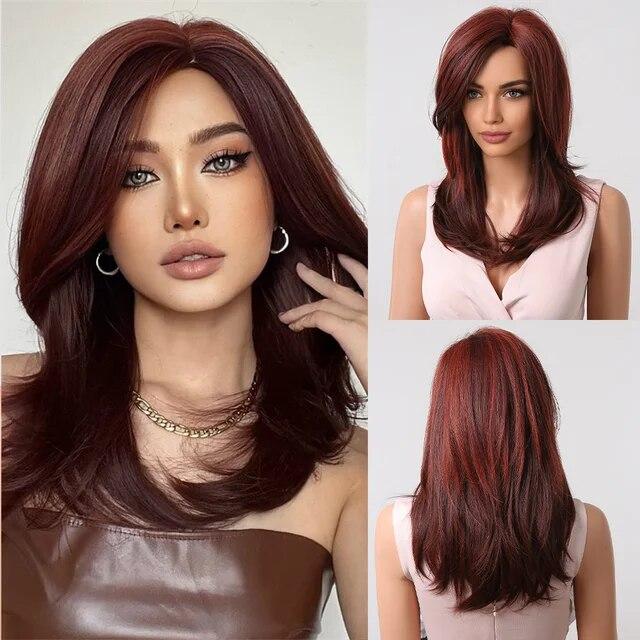 Peruci sintetice drepte maro închis de lungime medie cu breton pentru femei Perucă netedă cu aspect natural din fibră rezistentă la căldură