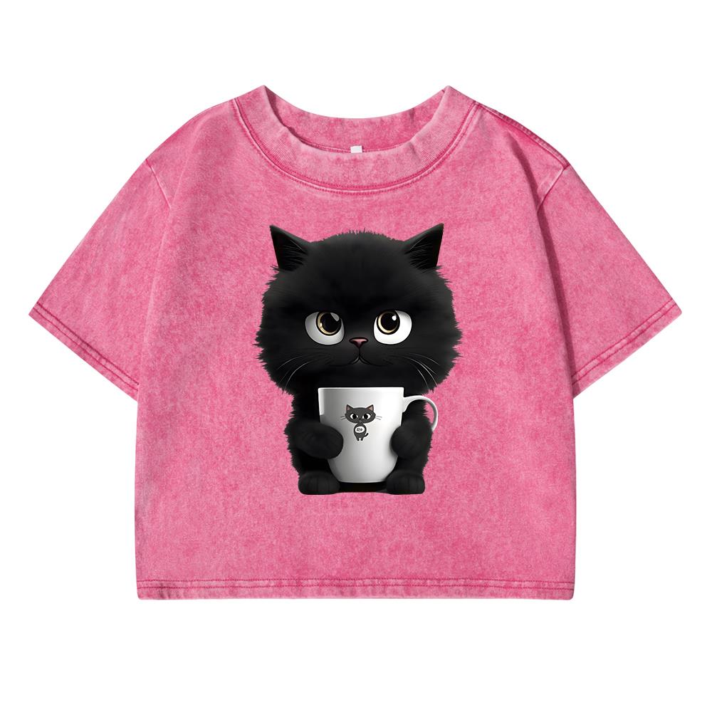 Black Cat Holding Cup Printing Female Washed Short T-Shirt Summer Cool T Shirts Distress Clothes Breathable Soft T-Shirt