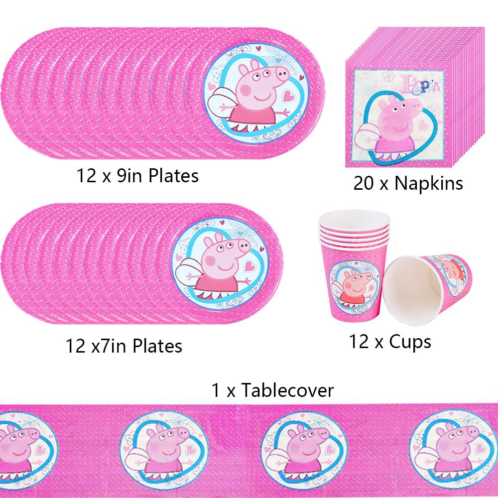 57PCS Peppa Pig Party Supplies Include Plates, Cups, Napkins, TableCover Pink