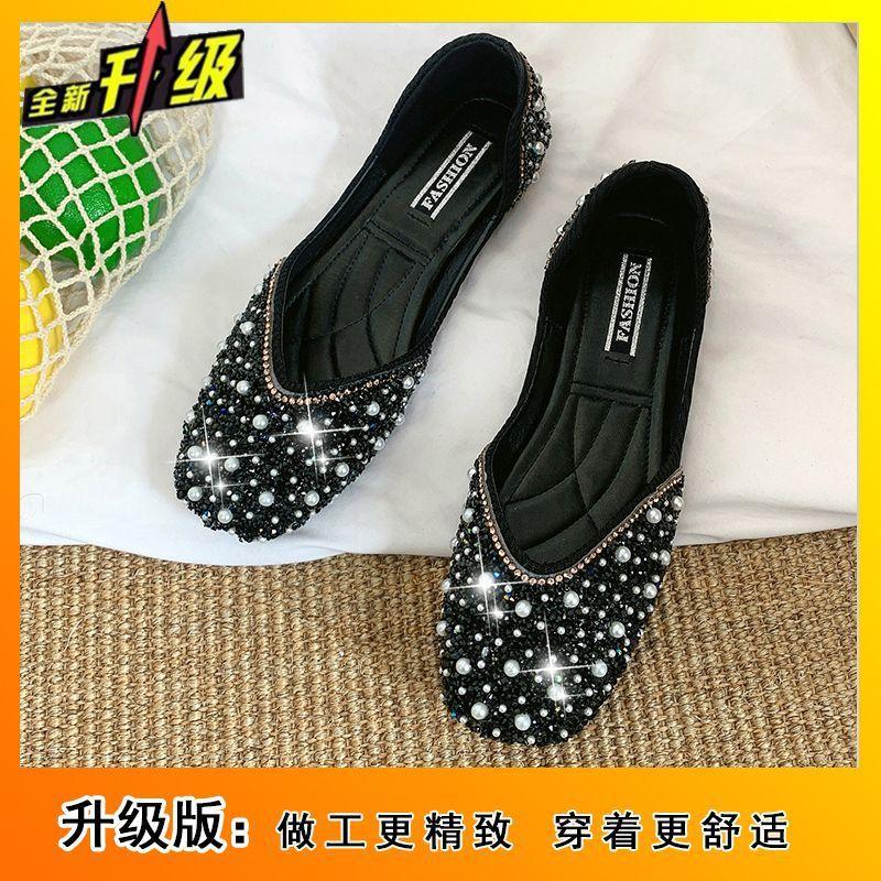 Fashion sparkling rhinestone shallow mouth square head single shoes versatile flat-bottomed temperament women's shoes 2025 spring and summer new model