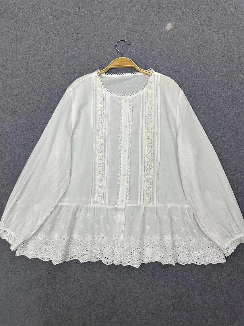 

Johnature, ранняя весна, японские хлопковые рубашки с длинными рукавами и вышивкой для девочек, свободные милые женские блузки с оборками One Size