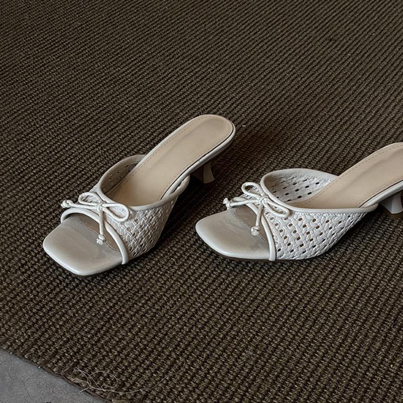 Sheepskin Holiday Style Woven Hollow Cool Slippers Versatile Bow Square Head Open-toed High-heeled Slippers Women's Summer Wear