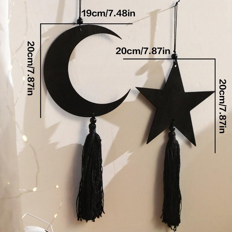 2pcs/set Black Moon Star Tassel Wooden Craft Pendant Minimalist Home Bedroom Wall Suspension Decoration