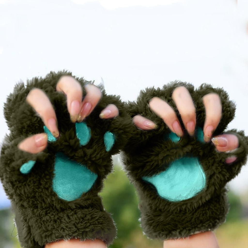Cute Cat Claw Gloves Women Girls Thickened Plush Mittens Lovely Bear Paw Exposed Fingers Half Finger Winter Warm Hand Warmer