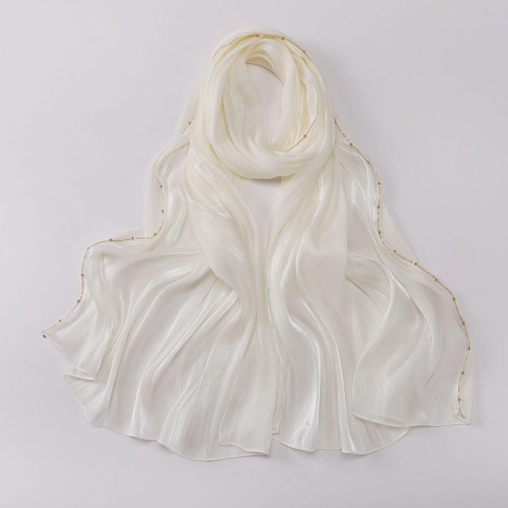 High Qulaity Solid Color Silk Scarf Unilateral golden chain Shining Sunscreen shawl Long Soft Chiffon Hijab Veil Outdoor