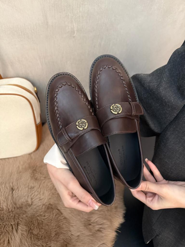 Retro Brown Gold Coin Loafers Women's Autumn and Winter New British Style Thick Heel Single Shoes Small Leather Shoes One Pedal Women's Shoes