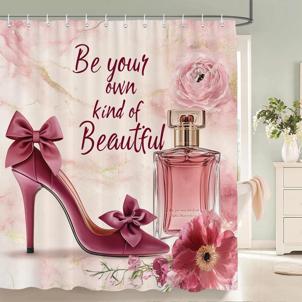 Modern and Fashionable Perfume and Flower Style Shower Curtain Bathroom Bath Curtain Home Decoration Curtain With Hooks