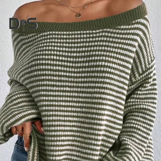 Women Sweater Off Shoulder Oversized Long Sleeve Knit Pullover Top Loose Fit Striped Print Soft Stretchy Knitting Tops
