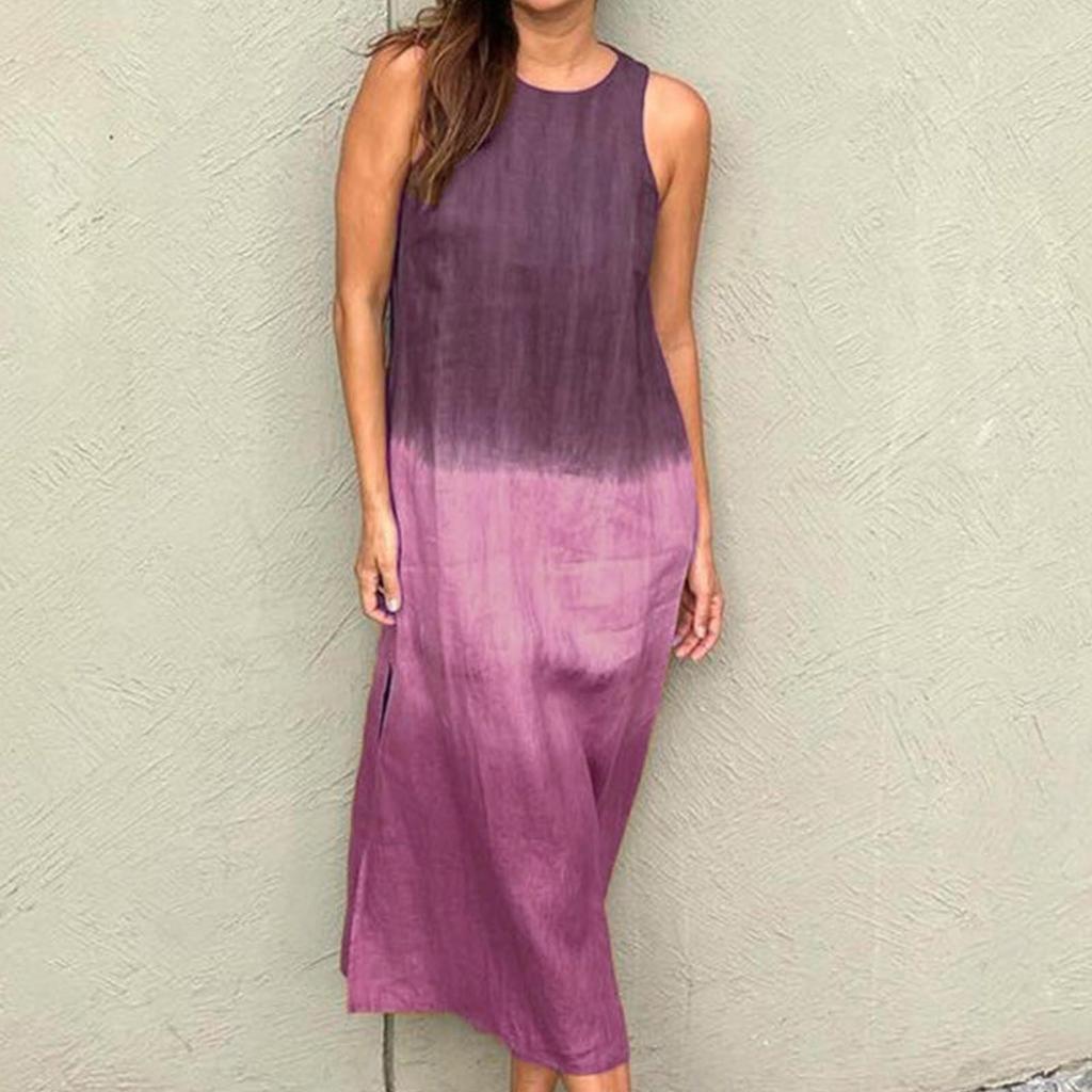 Women's Gradient Sleeveless Tank Dress Split Hem Loose Fit Summer Crewneck Flowy Casual Beach Dresses
